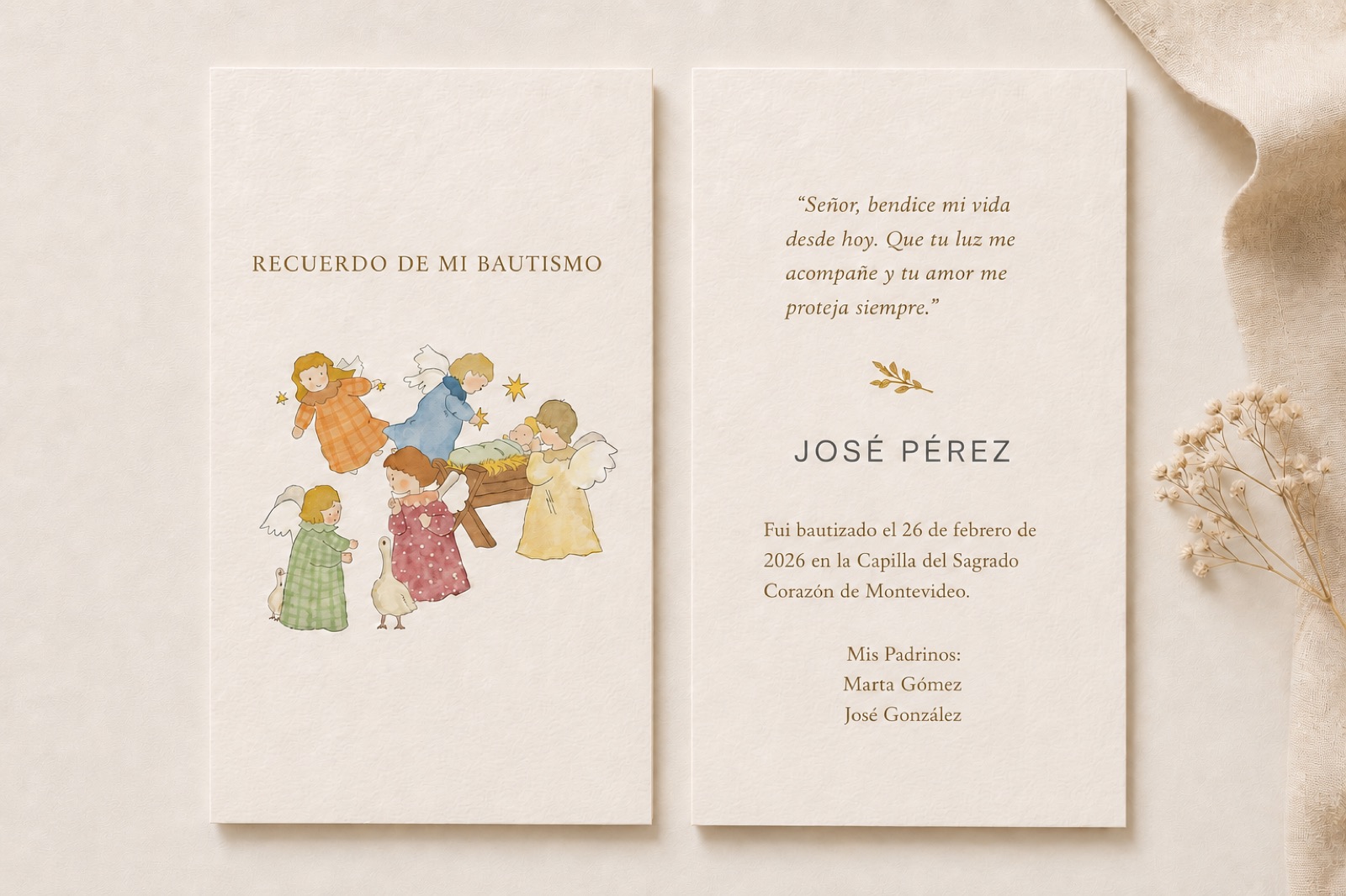Estampita de Bautismo "Angelitos Guardianes", hecha a mano en acuarela, vista 2