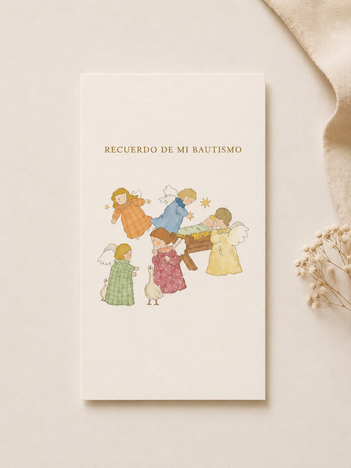 Estampita de Bautismo "Angelitos Guardianes", hecha a mano en acuarela, vista 3