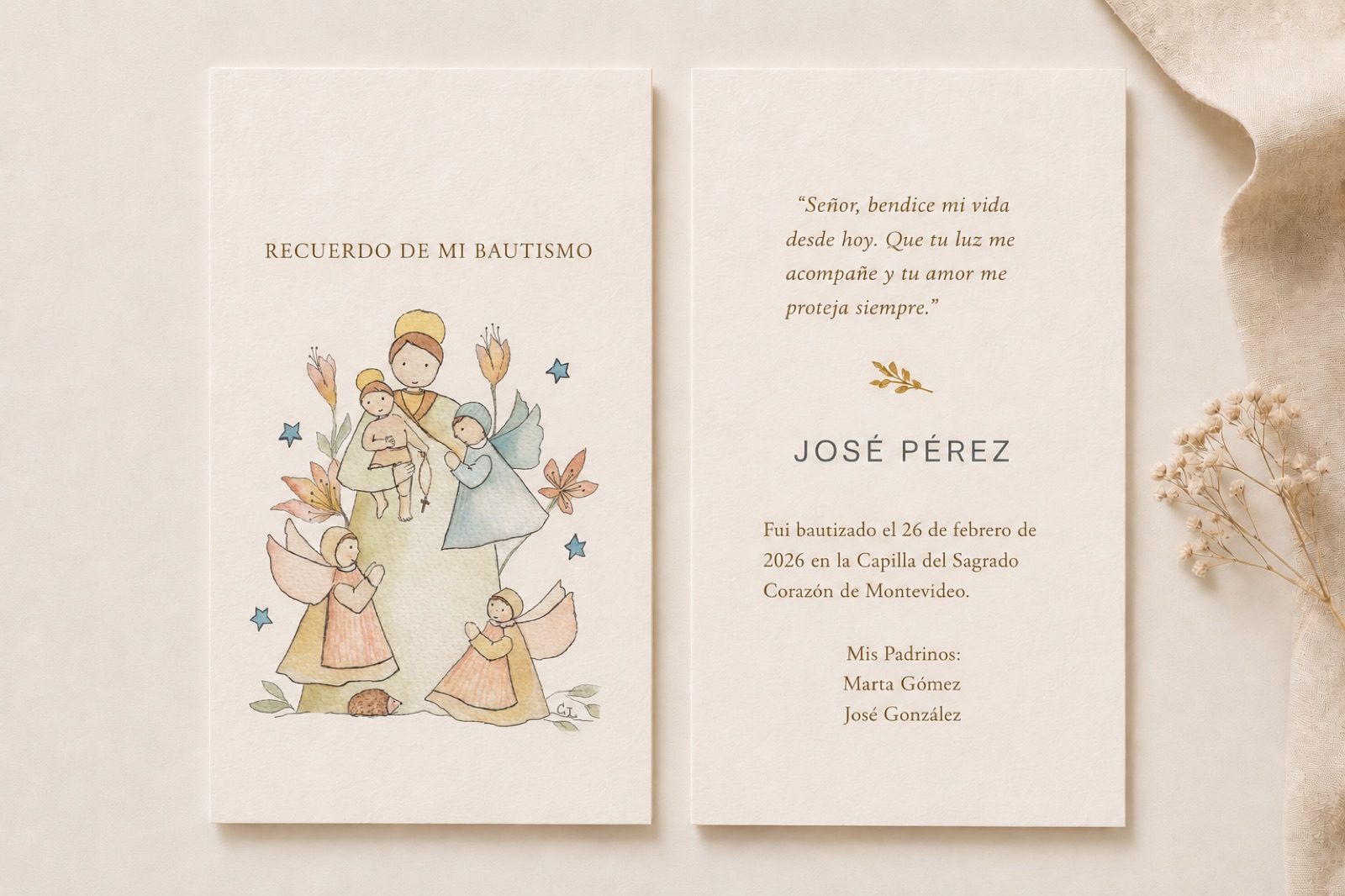 Estampita de Bautismo "San José con estrellas azules", hecha a mano en acuarela, vista 2