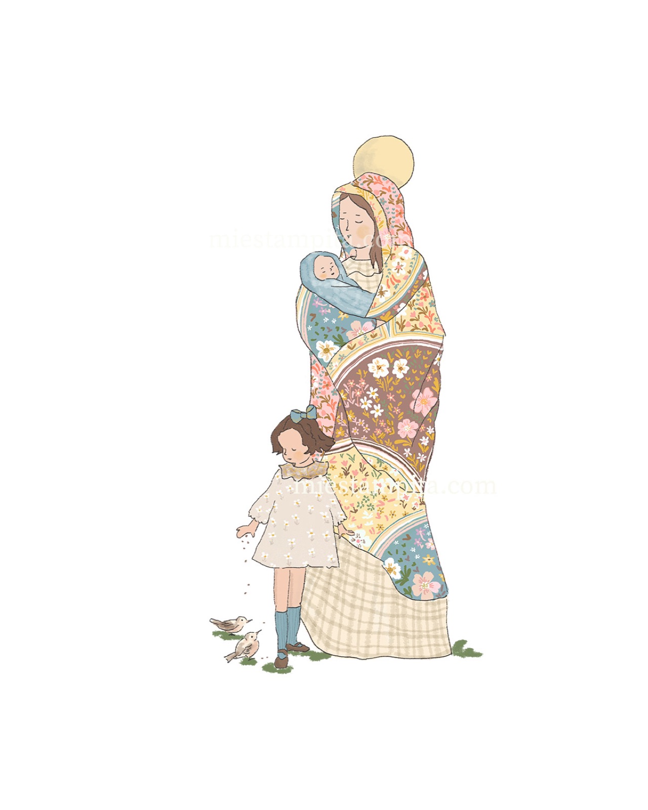 Estampita de Bautismo "Virgen con Niña", hecha a mano en acuarela