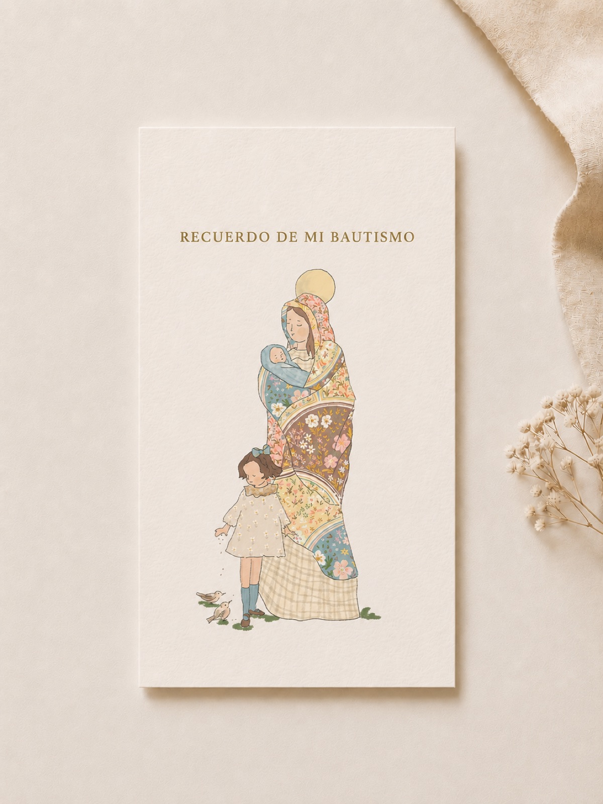Estampita de Bautismo "Virgen con Niña", hecha a mano en acuarela, vista 2