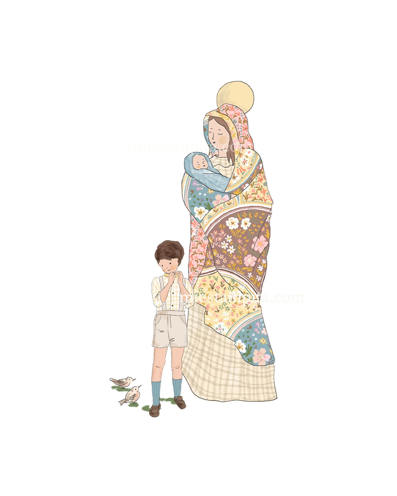 Estampita de Bautismo "Virgen con Niño", hecha a mano en acuarela