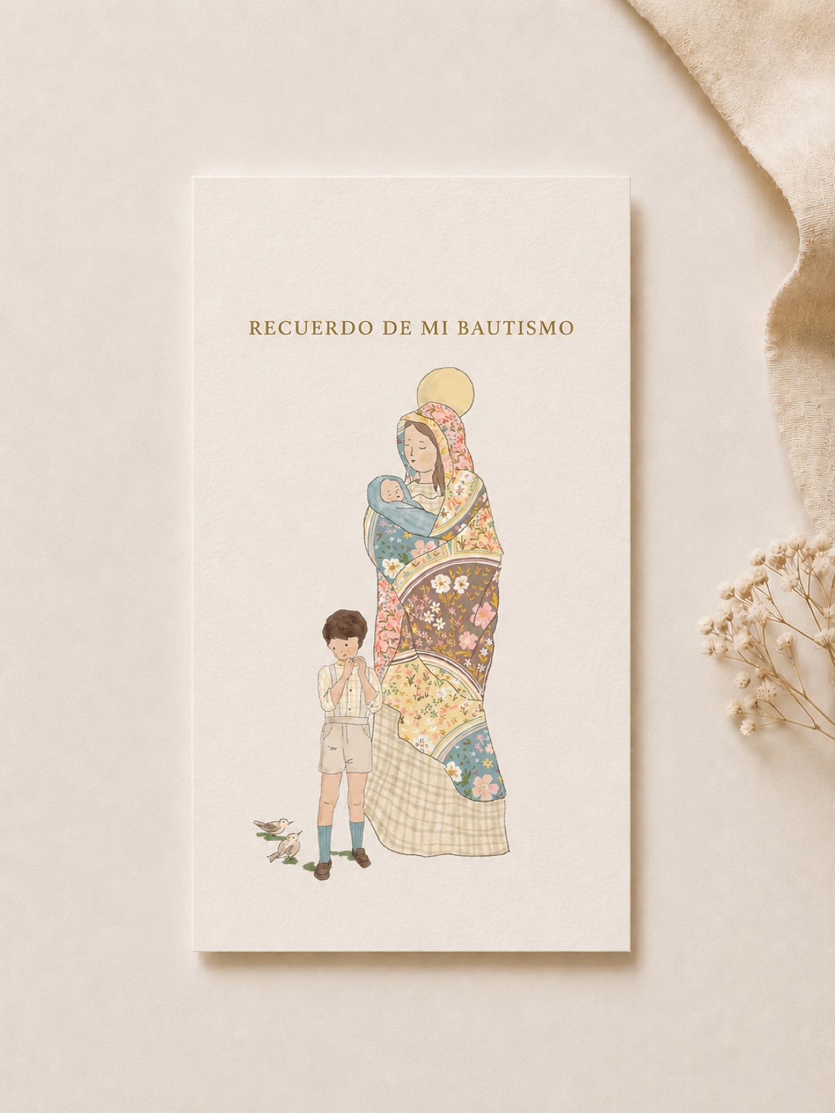 Estampita de Bautismo "Virgen con Niño", hecha a mano en acuarela, vista 2