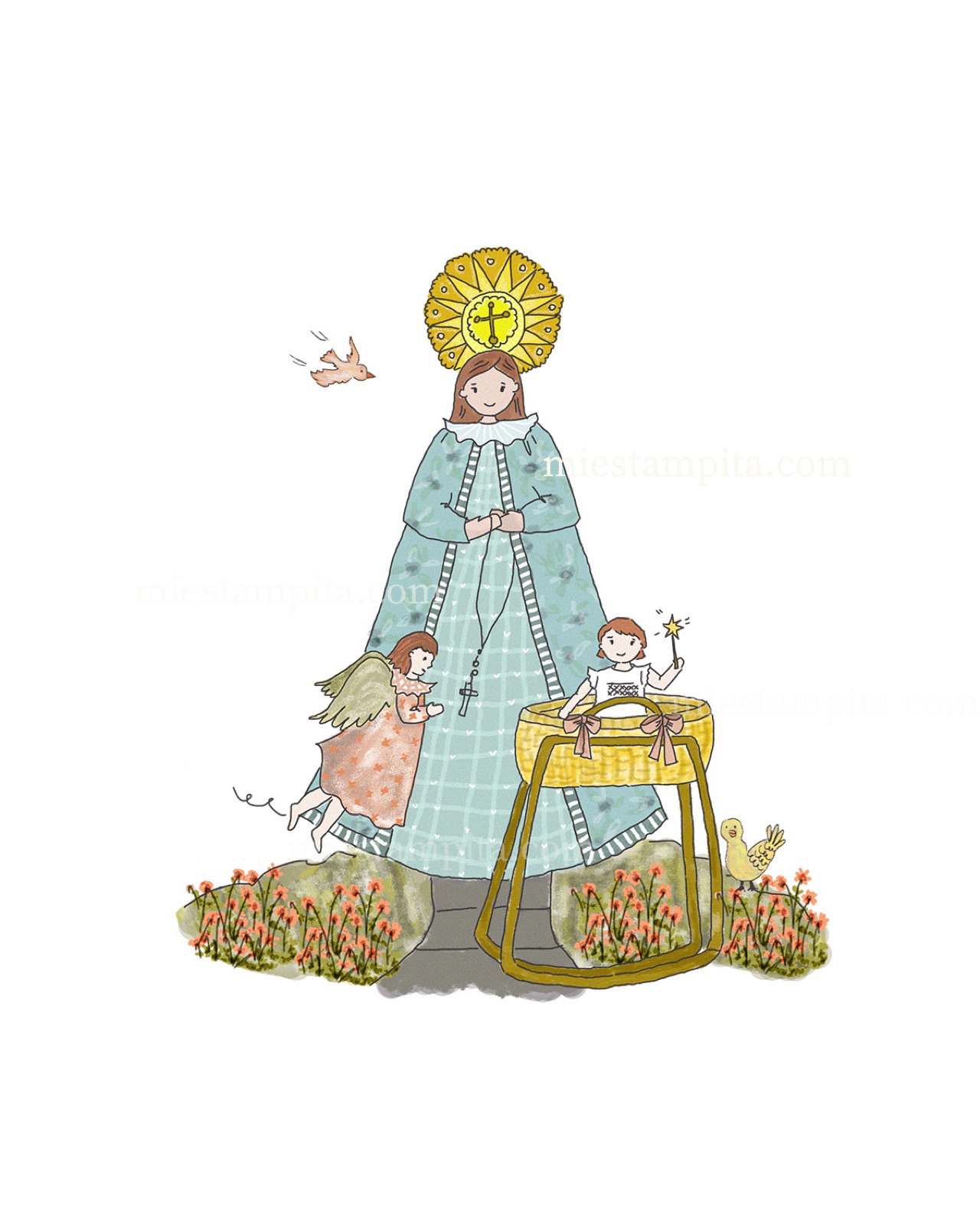 Estampita de Bautismo "Virgen Manto Celeste Niña", hecha a mano en acuarela