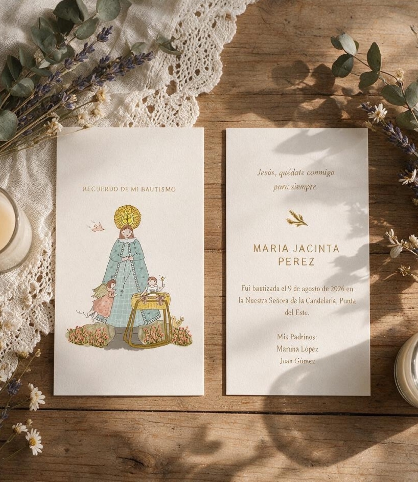 Estampita de Bautismo "Virgen Manto Celeste Niña", hecha a mano en acuarela, vista 2