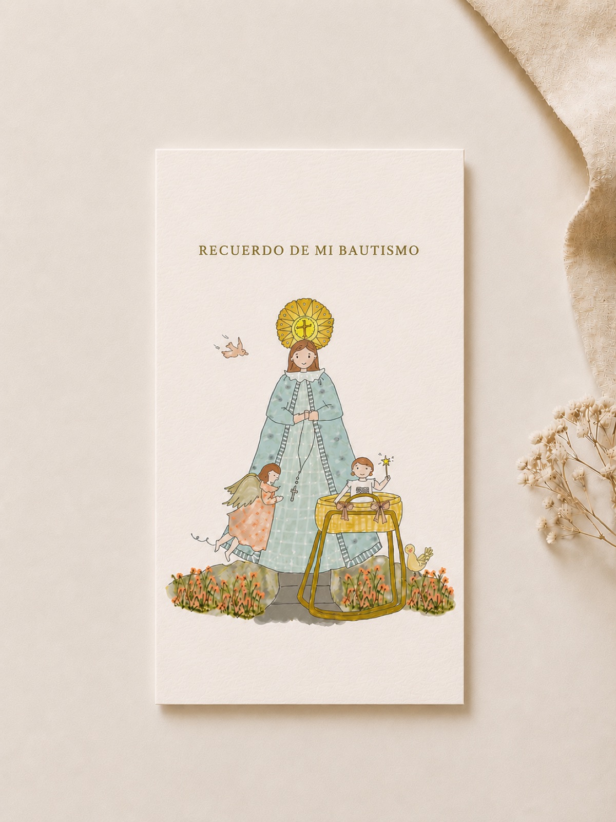 Estampita de Bautismo "Virgen Manto Celeste Niña", hecha a mano en acuarela, vista 3