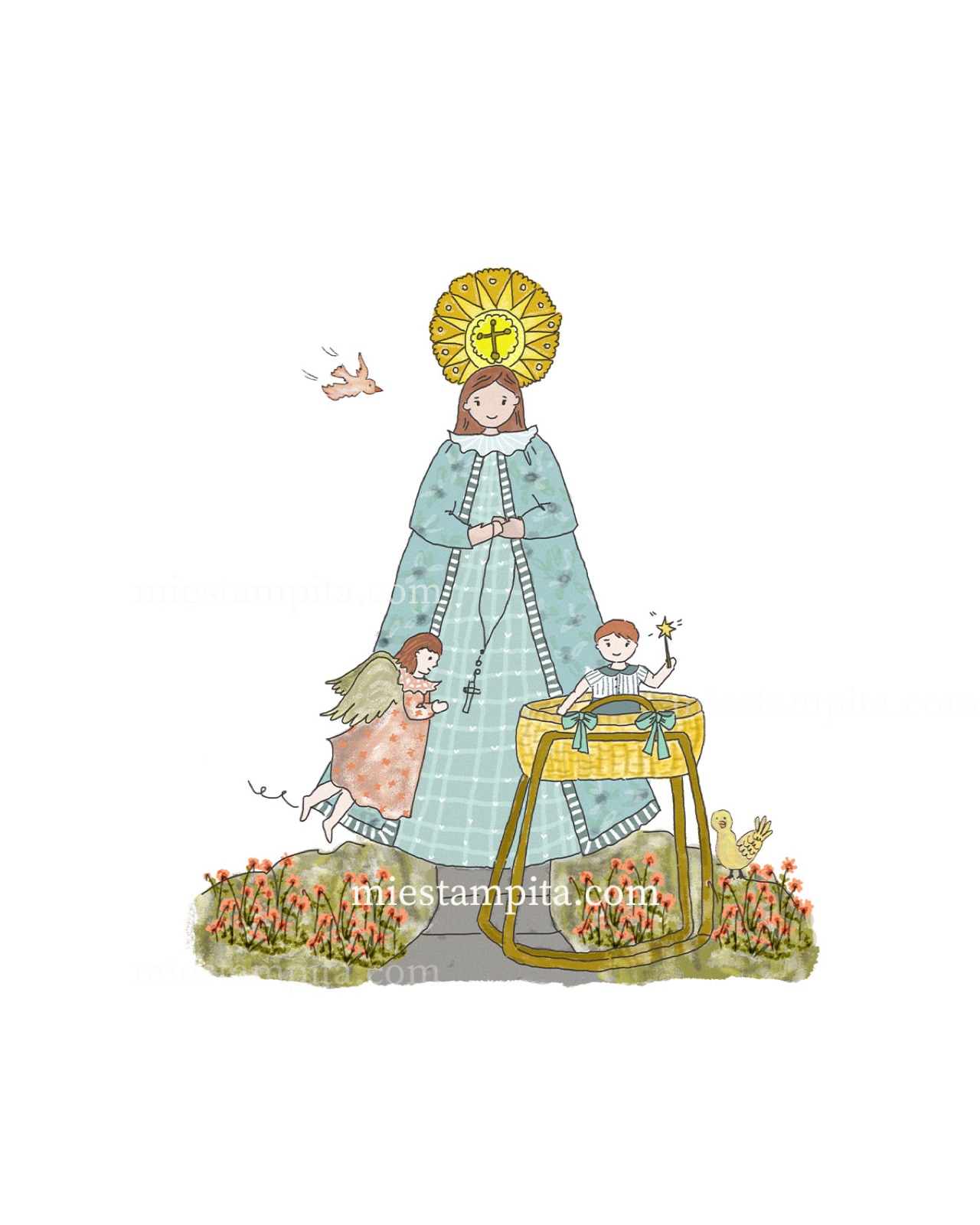 Estampita de Bautismo "Virgen Manto Celeste Niño", hecha a mano en acuarela