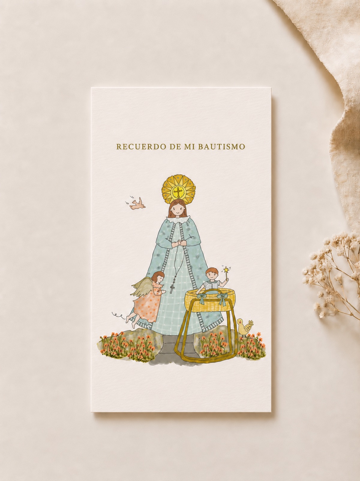 Estampita de Bautismo "Virgen Manto Celeste Niño", hecha a mano en acuarela, vista 2