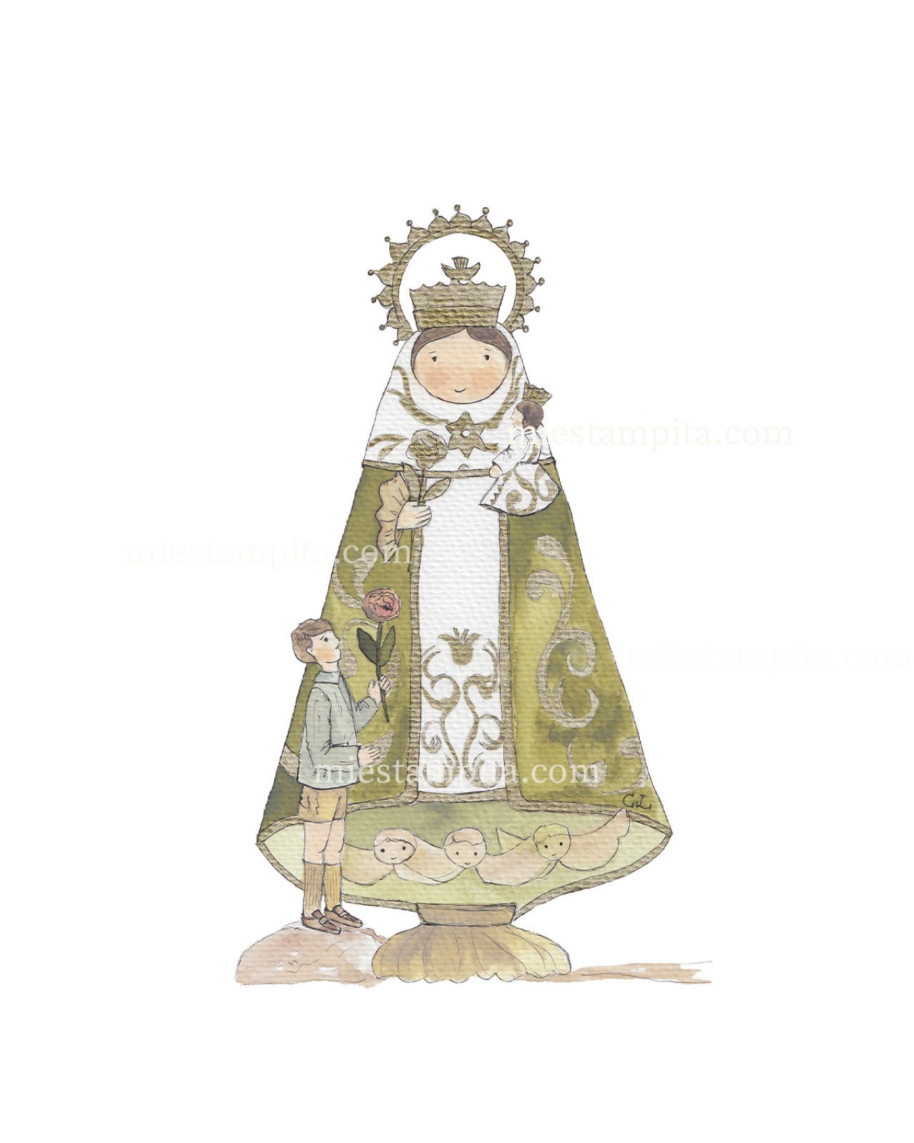 Estampita de Primera Comunión "Santina", hecha a mano en acuarela