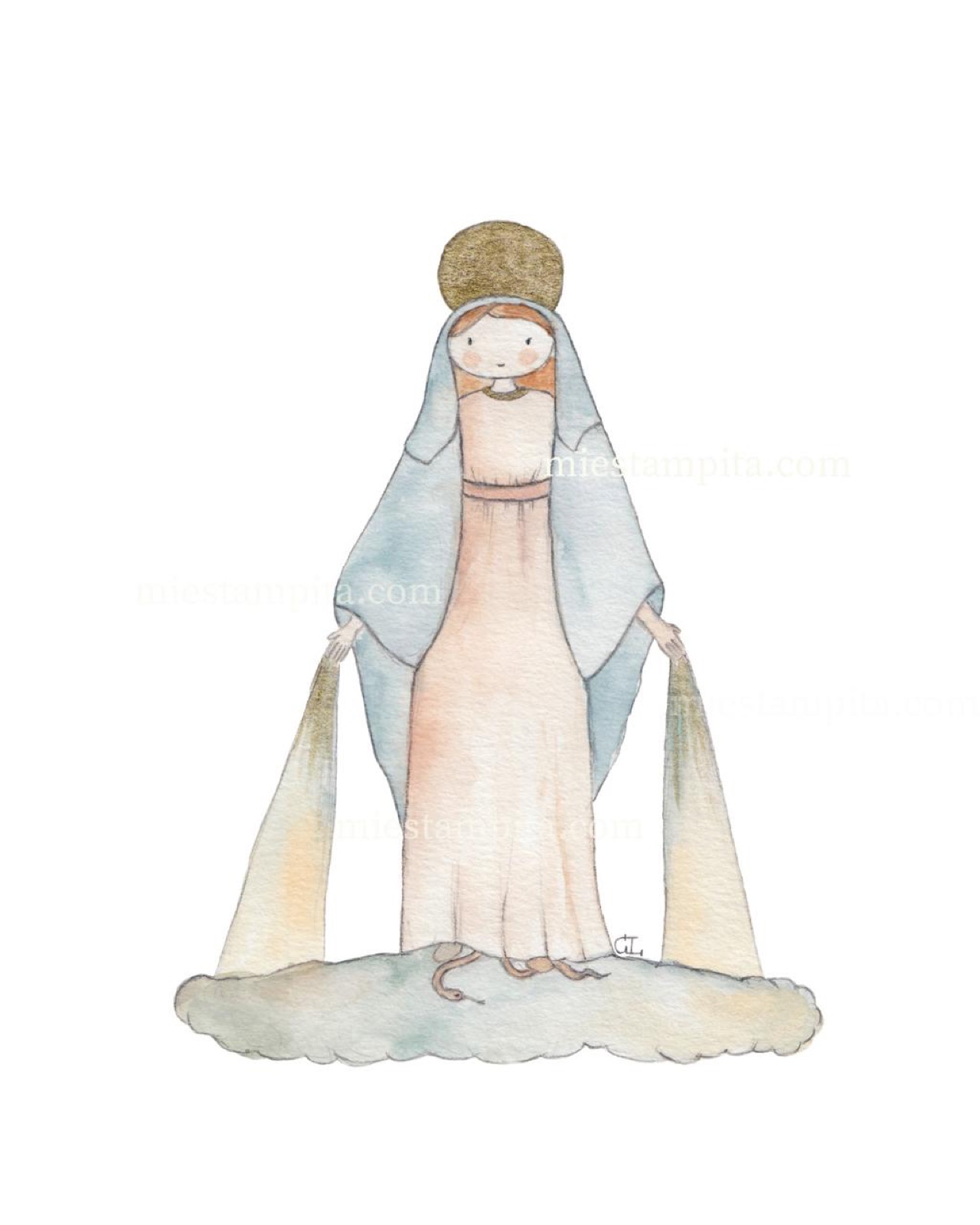 Estampita de Primera Comunión "Virgen Milagrosa", hecha a mano en acuarela