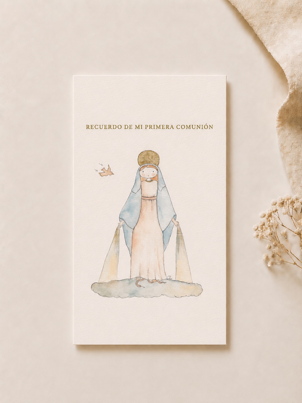Estampita de Primera Comunión "Virgen Milagrosa", hecha a mano en acuarela, vista 2