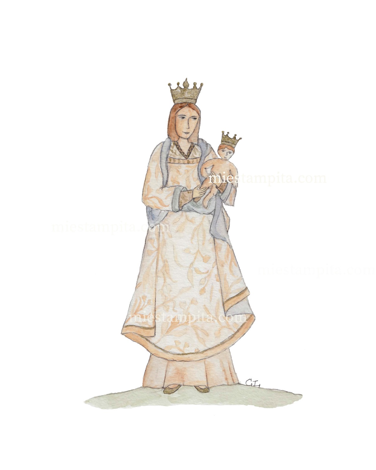 Estampita de Primera Comunión "Virgen Nuestra Sra Almudena", hecha a mano en acuarela