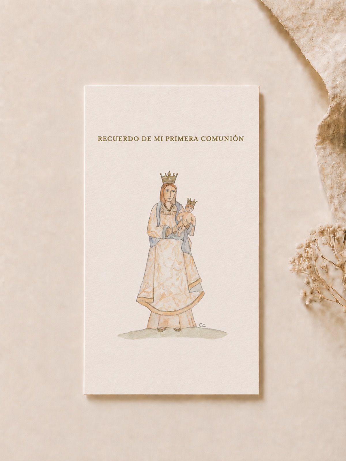 Estampita de Primera Comunión "Virgen Nuestra Sra Almudena", hecha a mano en acuarela, vista 2