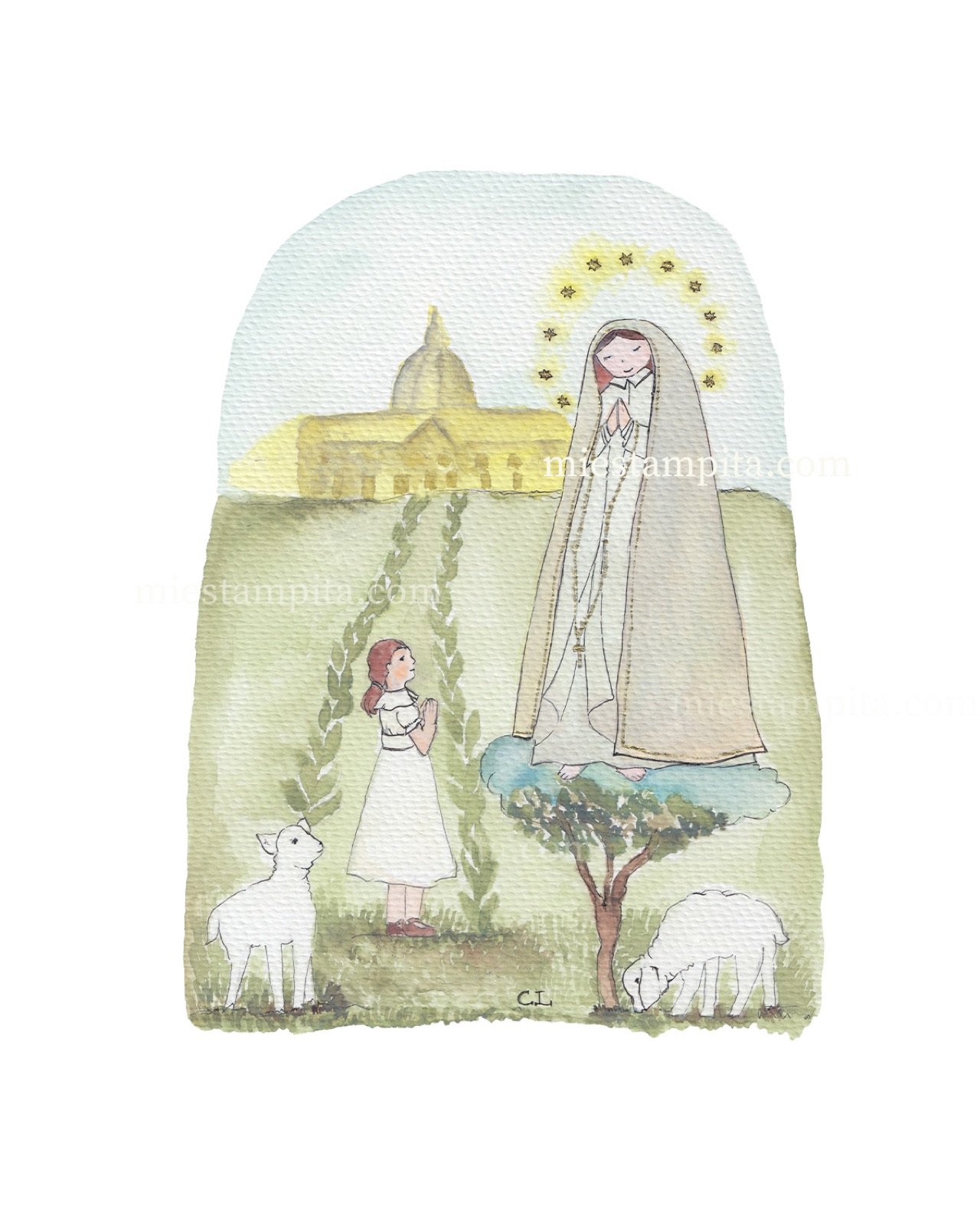 Estampita de Primera Comunión "Virgen Nuestra Sra Fátima", hecha a mano en acuarela