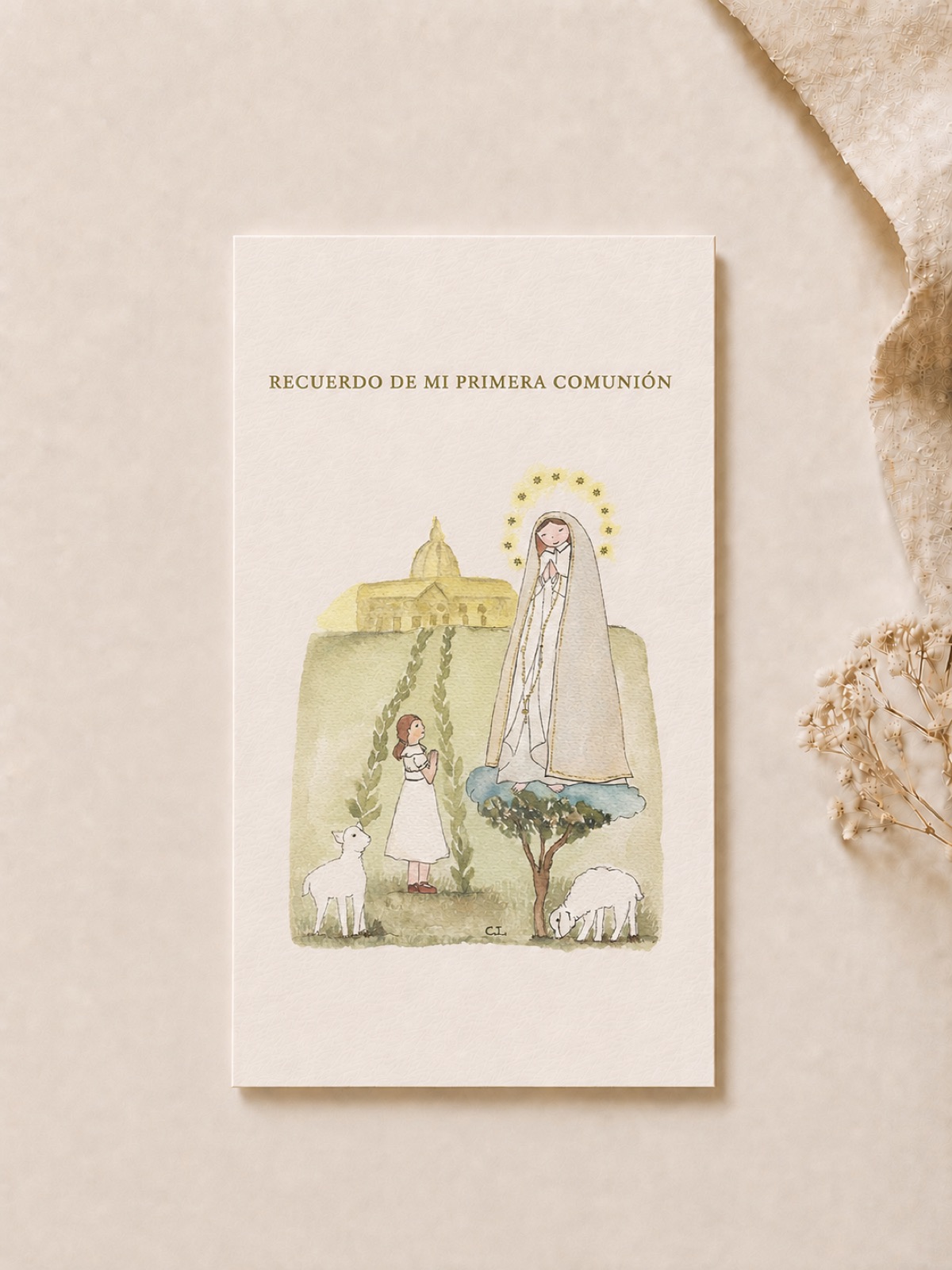 Estampita de Primera Comunión "Virgen Nuestra Sra Fátima", hecha a mano en acuarela, vista 2